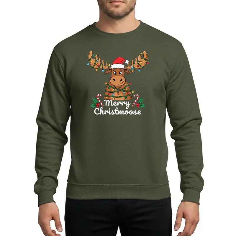 Christmas Enthusiasts' Whimsical Moose Entangled in Colorful Red Green Blue String Lights, Santa Hat & Merry Christmoose Text Sweatshirt - 1