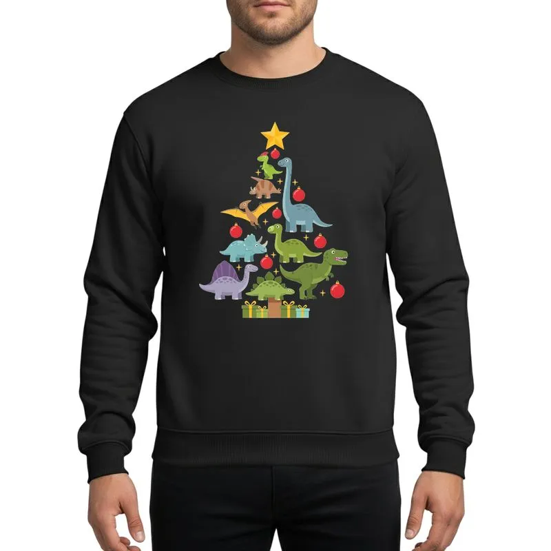 Family & Kids' Whimsical Christmas Dinosaur Tree Festive Multi-Color Cartoon Artwork with Golden Star & Gifts Sweatshirt - 1