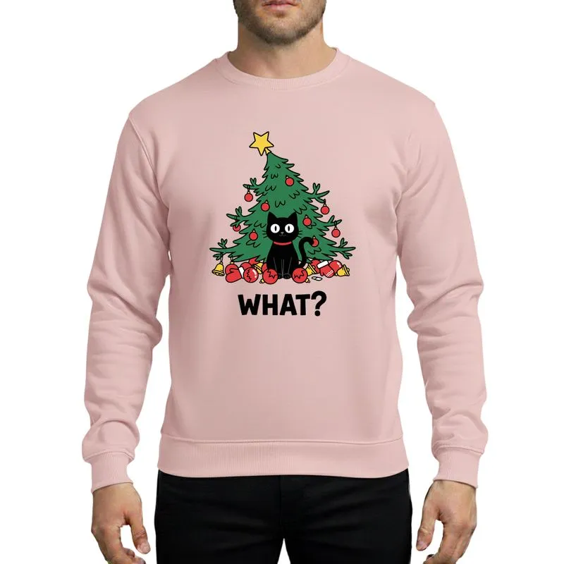 Cat Lovers' Mischievous Black Cat Christmas Tree Chaos with Red Ornaments Golden Bells "WHAT?" Cartoon Sweatshirt - 1