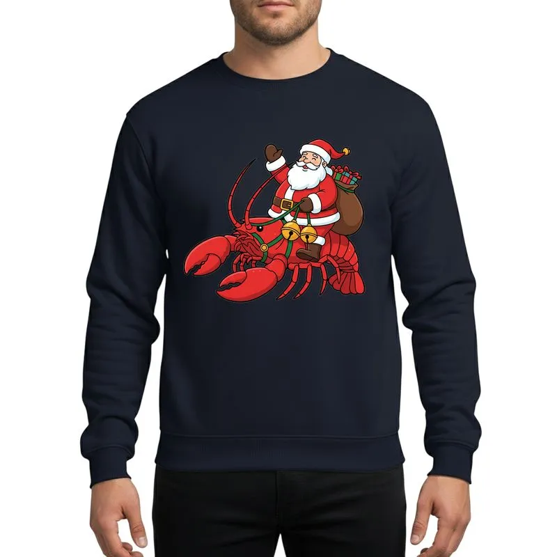 Christmas Enthusiasts' Jolly Santa Claus Riding Vibrant Red Lobster Green Gold Bells Illustration Sweatshirt - 1