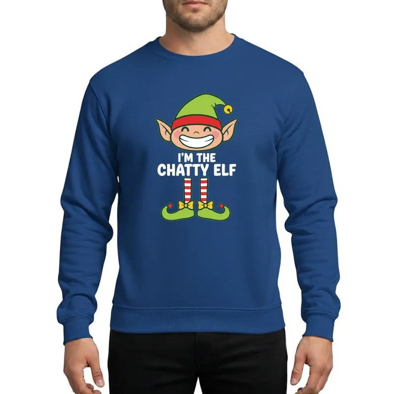Family Holiday Enthusiasts Funny Chatty Elf Character Lime Green Hat Red Band White Text Red White Striped Legs Curled Shoes Sweatshirt - 1