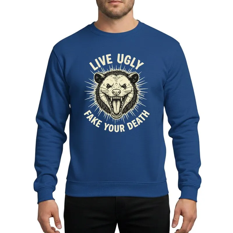 Wildlife Humor Fans' Vintage Linocut Fierce Opossum Black & Cream Distressed Text Sweatshirt - 1