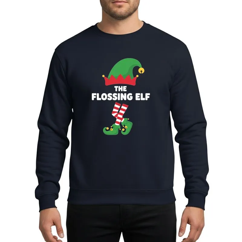 Holiday Celebrators' Whimsical Flat Vector Green Elf Floss Dance Red Striped Socks Yellow Bell Design Sweatshirt - 1