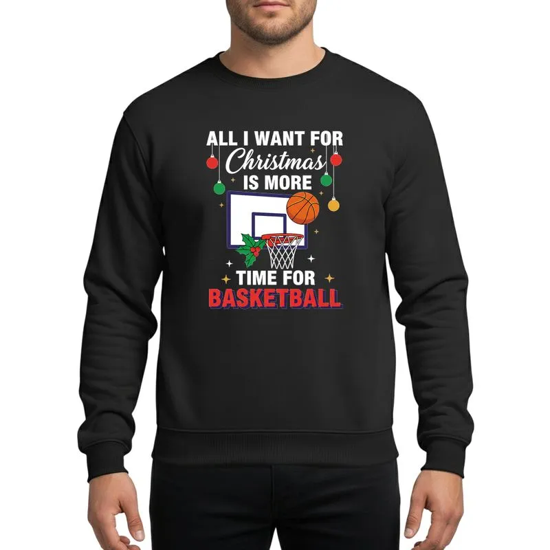 Basketball Fans' White Script Christmas Hoop, Orange Ball, Bold Red & Dark Blue Text, Green Holly, Gold Stars Sweatshirt - 1