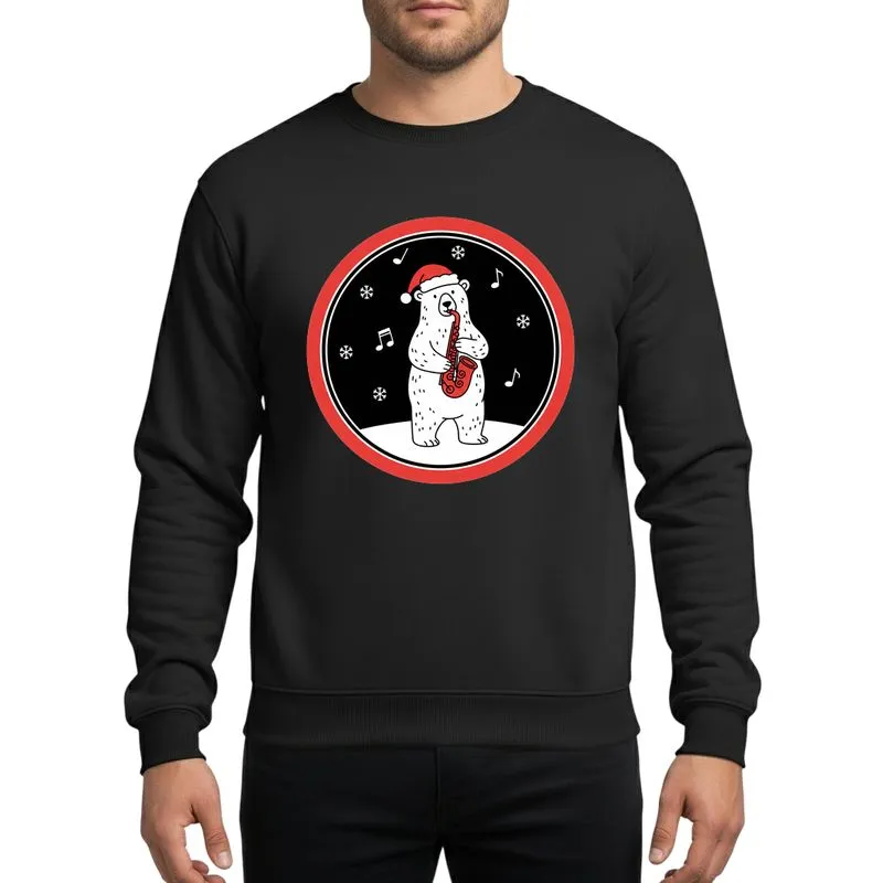 Jazz & Christmas Enthusiasts' Hand-drawn Flat Art Polar Bear Playing Red Saxophone Festive Snowflakes Black Red Circular Frame Sweatshirt - 1
