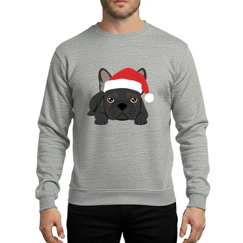 French Bulldog Lovers' Crisp Black Frenchie Red Santa Hat Christmas Flat Graphic Design Sweatshirt - 1