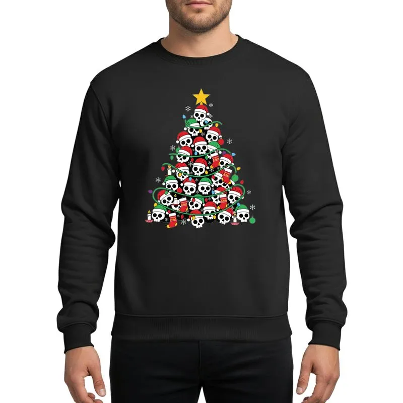 Festive Skull Art Enthusiasts' Vibrant Christmas Tree with Red Green Santa Hats Golden Star & Multi-Color Lights Sweatshirt - 1