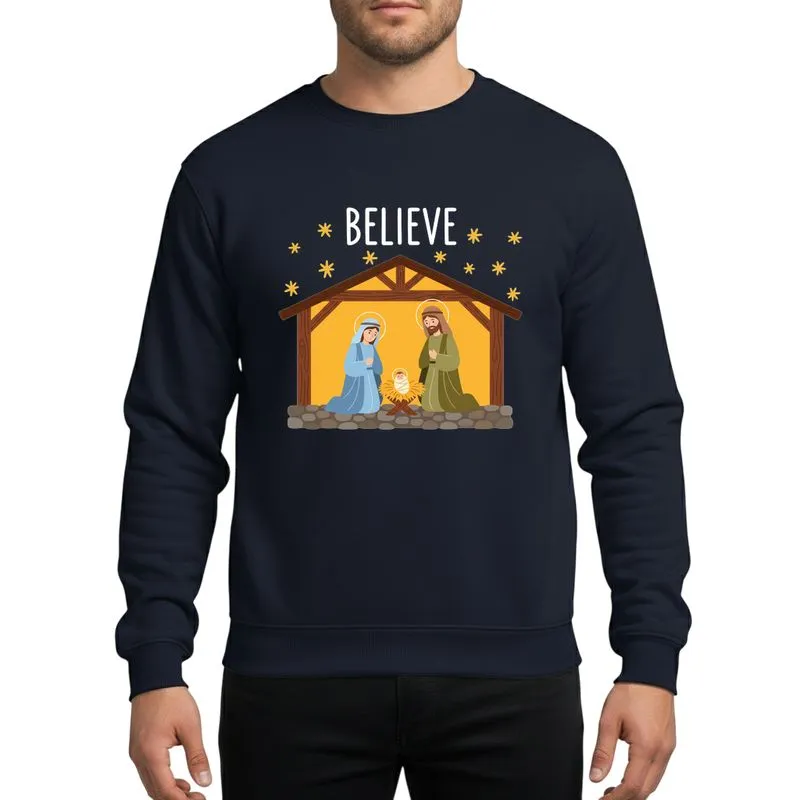 Christmas Celebrants' Hand-Drawn Folk Art Nativity, White 'Believe' & Gold Stars, Blue Mary, Olive Joseph Sweatshirt - 1