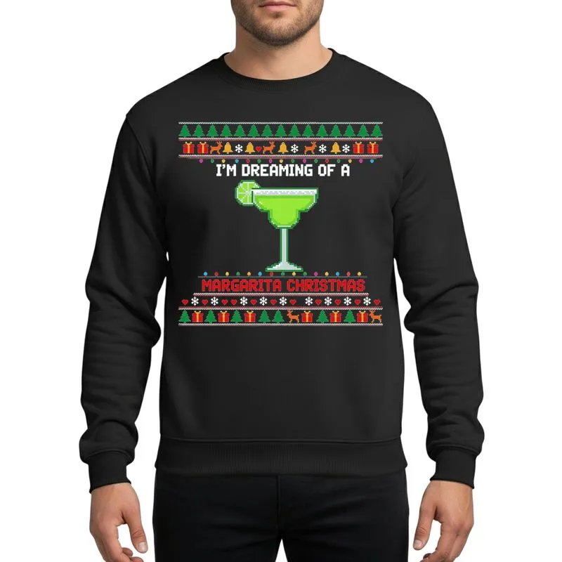 Holiday Cocktail Fans' Pixel Art Margarita Christmas with Green Glass, Red Text & Festive Ugly Sweater Style Border Sweatshirt - 1