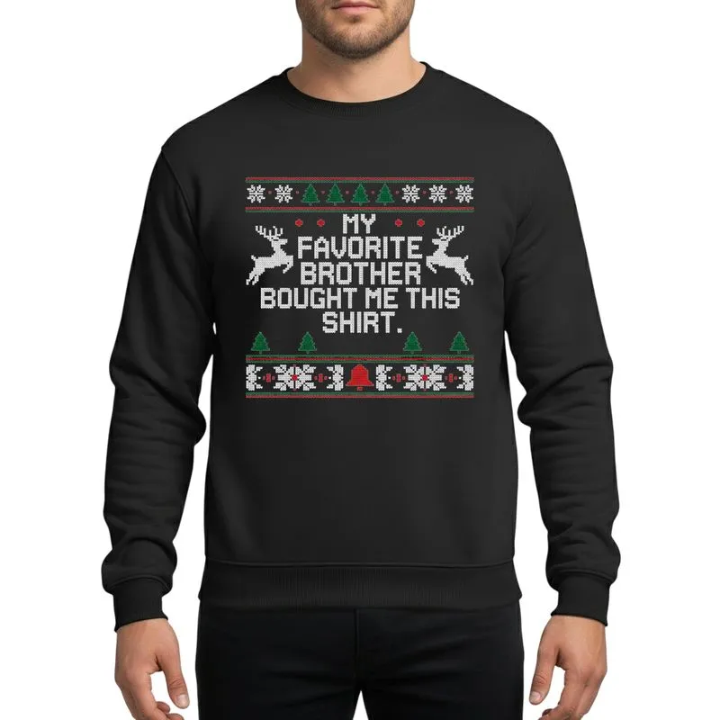 Sibling Festive Ugly Sweater Pixel Art: White 'My Favorite Brother Bought Me This' Text, Reindeer, Snowflakes, Red Bell Sweatshirt - 1