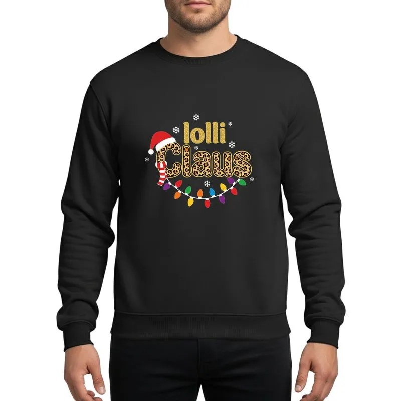 Holiday Enthusiasts' Gold Glitter Lolli Claus, Leopard Print Script, Santa Hat, Red Scarf & Festive String Lights Sweatshirt - 1