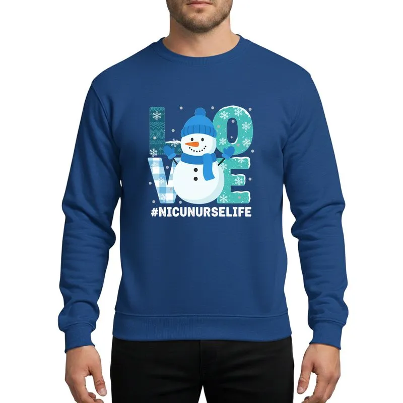 NICU Nurse Playful Winter Snowman Love Letters, Royal Blue Hat & Scarf, Teal Plaid & Knit Texture, Silver Glitter Snowflakes Sweatshirt - 1