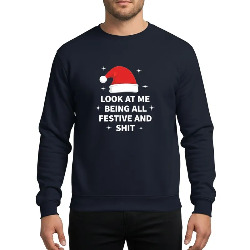Adult Humor Christmas Fans Bold White Text Red Santa Hat Black Background Four-Point Stars Sweatshirt - 1