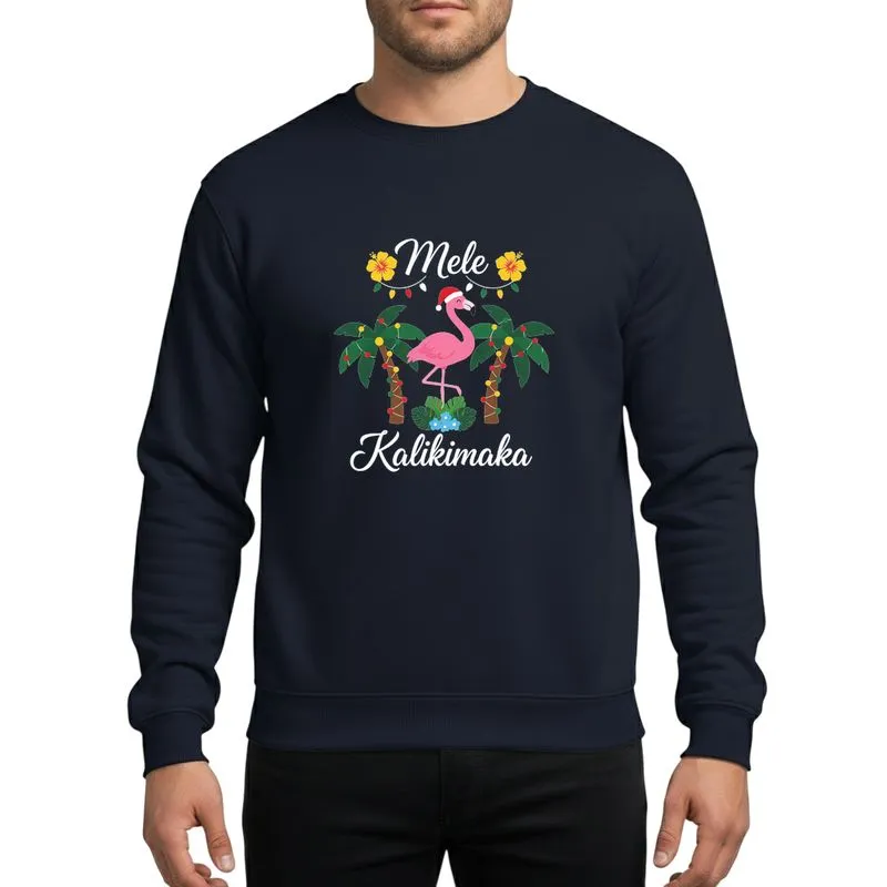 Tropical Holiday Fans' Whimsical Pink Flamingo Red Santa Hat Palm Tree Mele Kalikimaka Festive Design Sweatshirt - 1