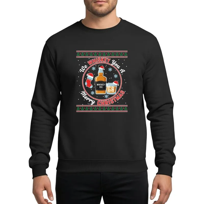 Adult Holiday Drinkers' Black Ugly Sweater Style Whiskey Bottle Glass Santa Hats Red Green Pine Tree Snowflakes Design Sweatshirt - 1