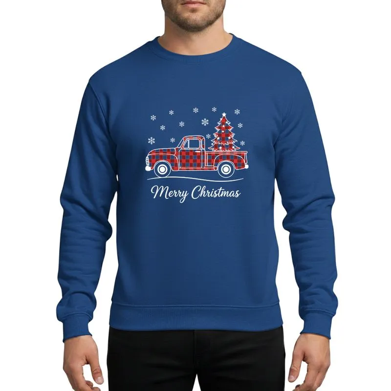 Christmas Enthusiasts' Red Black Buffalo Plaid Vintage Truck Christmas Tree Snowflakes Script Sweatshirt - 1