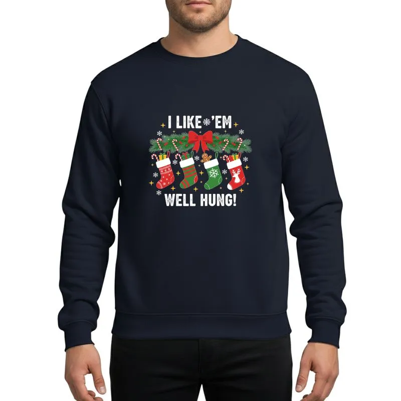 Festive Season Celebrators' Vibrant Christmas Stocking Garland Evergreen Berries Candy Canes 'I Like Em Well Hung' Design Sweatshirt - 1