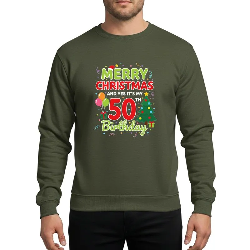 Holiday Birthday Revelers Whimsical Red & Lime Green '50th Birthday' Christmas design, festive balloons, tree, and colorful confetti Sweatshirt - 1