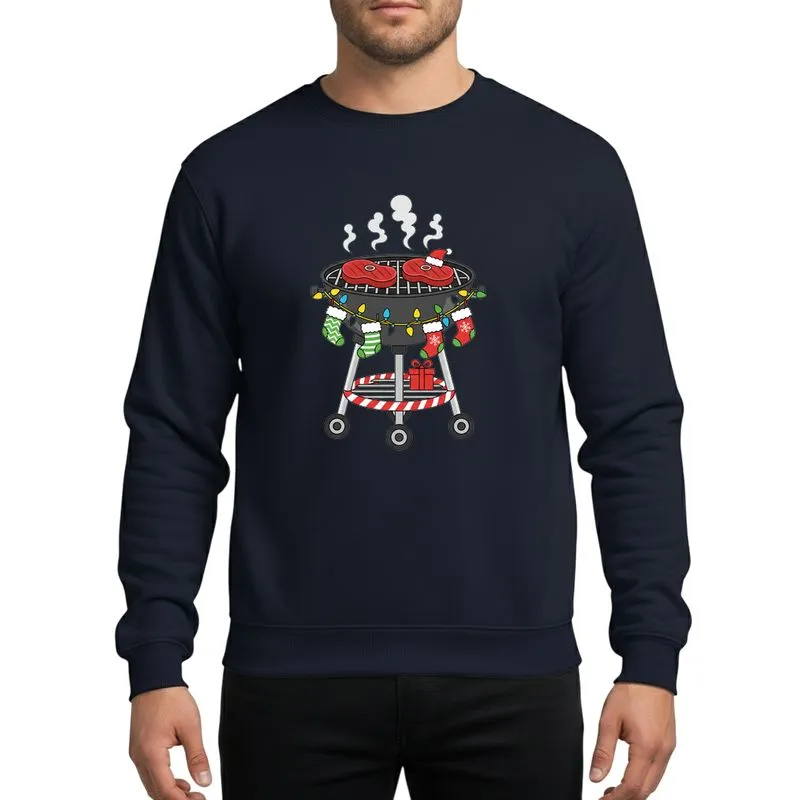 Holiday Grill Masters' Vibrant Cartoon BBQ Grill with Two Sizzling Red Steaks, Santa Hat, Multicolor Christmas Lights, & Candy Cane Stripes Sweatshirt - 1