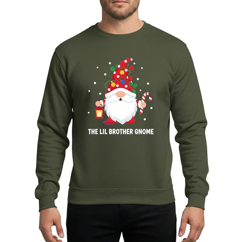 Kids' 'Lil Brother Gnome' Red Santa Hat White Polka Dots Christmas Lights Holly Lantern Candy Cane Snow Design Sweatshirt - 1