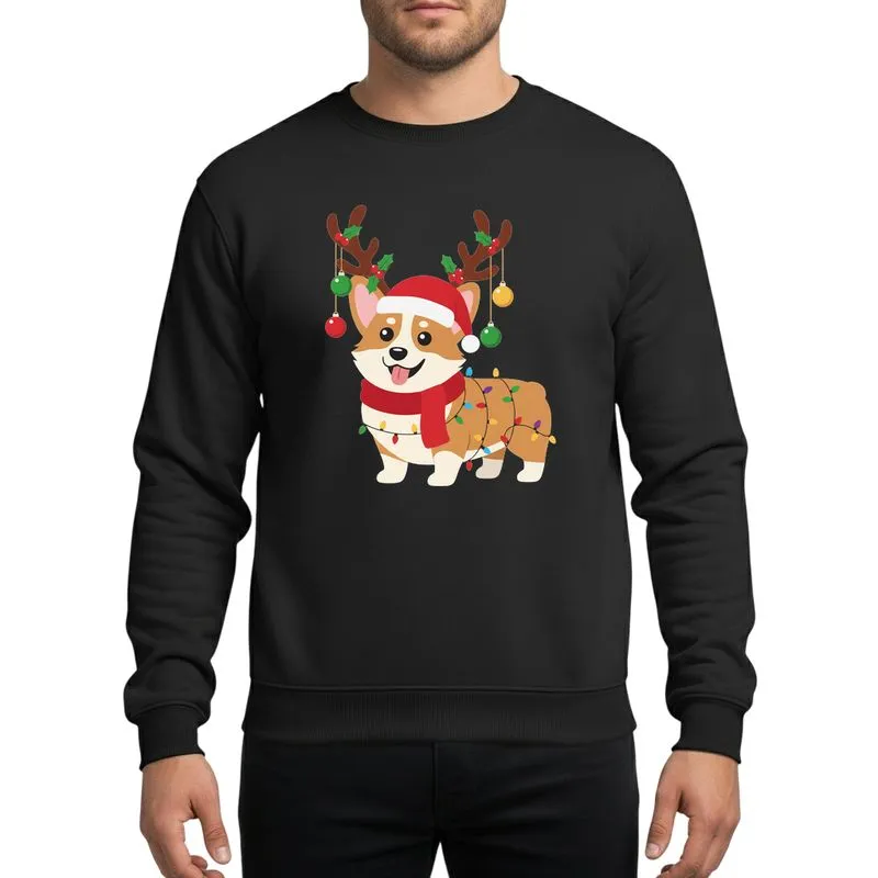Corgi Lovers' Joyful Fawn Corgi Reindeer Antlers Red Santa Hat Holly Gold Baubles Multicolor Christmas Lights Sweatshirt - 1