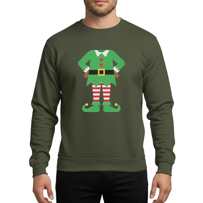 Christmas Costume Fans' Minimalist Geometric Elf Tunic, Kelly Green, Red Striped Pants, Gold Belt Buckle & Pointed Bell Shoes Sweatshirt - 1