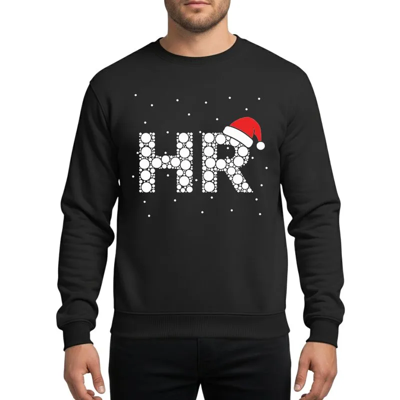 Human Resources Staff White Bubble Art HR Letters Red Santa Hat Snowflakes Black Background Sweatshirt - 1