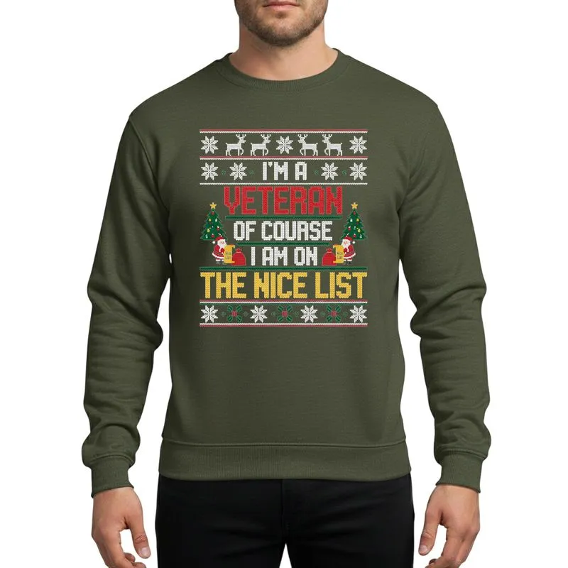 Military Veterans' Ugly Christmas Sweater Inspired Pixel Knit White Red Green Yellow Snowflakes Reindeer Trees Santa Nice List Design Sweatshirt - 1