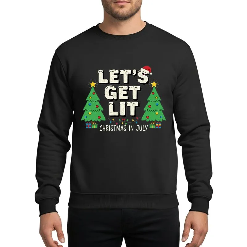 Unisex Holiday Celebrators' Distressed 'Let's Get Lit' Snow-Capped, Santa Hat, Vibrant Green Christmas Trees, Colorful Ornaments & Lights Sweatshirt - 1