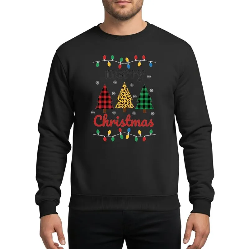 Womens Whimsical Merry Christmas Red Green Plaid Leopard Trees Lights Snowflakes Sweatshirt - 1