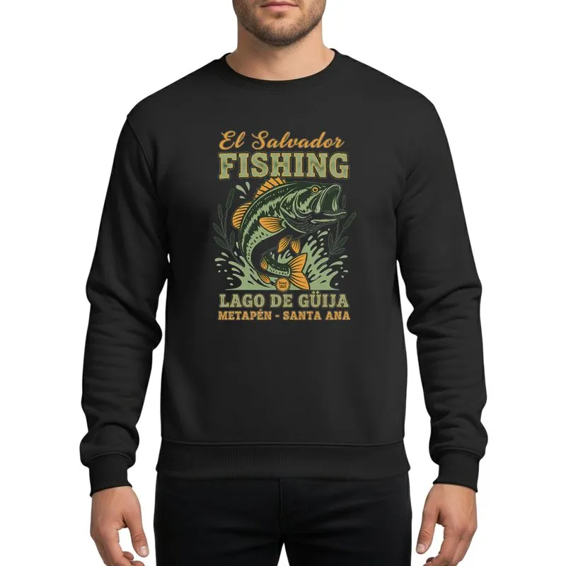Fishing Enthusiasts' Vibrant Vintage El Salvador Lago de Güija Art with Leaping Forest Green Bass, Golden Orange Script & Sage Accents Sweatshirt - 1