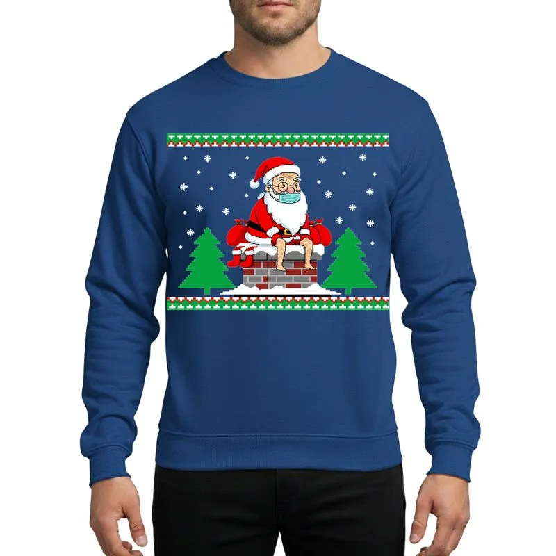Adult Holiday Humor Enthusiasts Comical Santa Chimney Scene with Bare Legs, Pixel Art Snowflakes, and Red Green Zigzag Borders Sweatshirt - 1