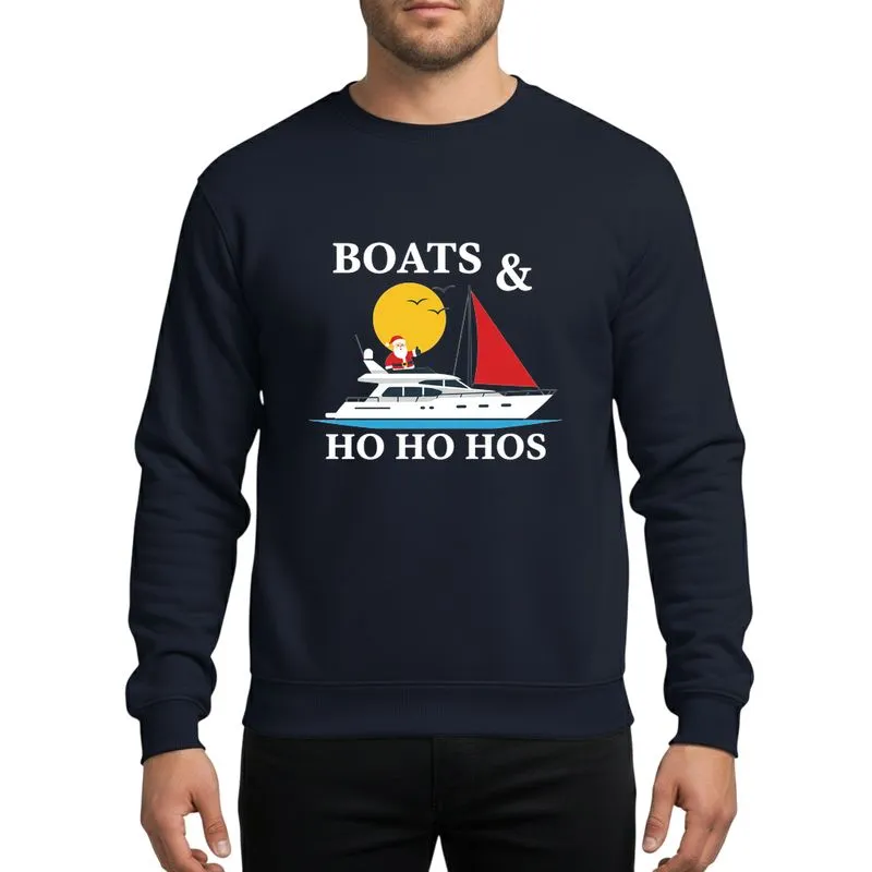 Boating Christmas Enthusiasts' Festive Nautical White Yacht Red Sail Santa Blue Water Yellow Sun 'BOATS & HO HO HOS' Text Sweatshirt - 1