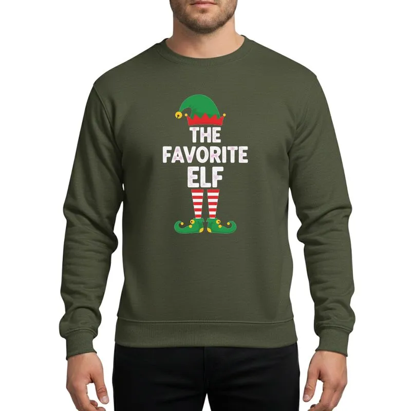 Christmas Families' Whimsical Green Elf Hat, Red White Striped Legs & 'THE FAVORITE ELF' White Text Sweatshirt - 1
