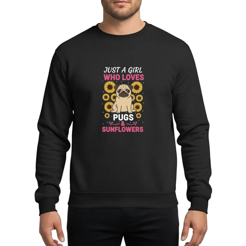 Pug Moms & Sunflower Enthusiasts' Illustrative Tan Pug Yellow Sunflowers Hot Pink White Script Text Sweatshirt - 1