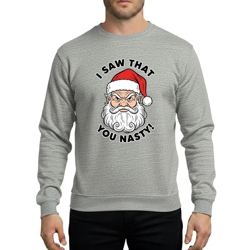 Adults' Humorous Holiday Stern Grumpy Santa Vintage Comic Head 'I Saw That' Bold Red Hat Black Retro Font Art Sweatshirt - 1