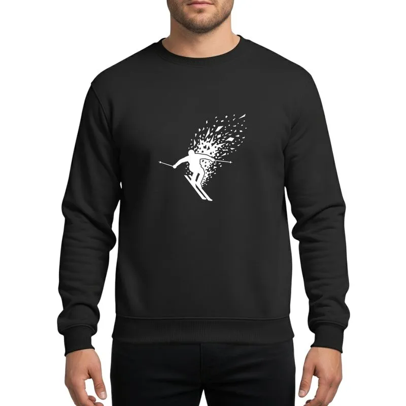 Skiing Enthusiasts' Dynamic White Skier Silhouette Geometric Snow Shards Black Panel Sweatshirt - 1