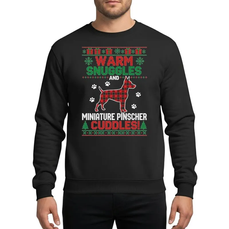 Miniature Pinscher Dog Lover Festive Red Green Black Pixel Knit Buffalo Plaid Dog Silhouette Ugly Sweater Theme Sweatshirt - 1
