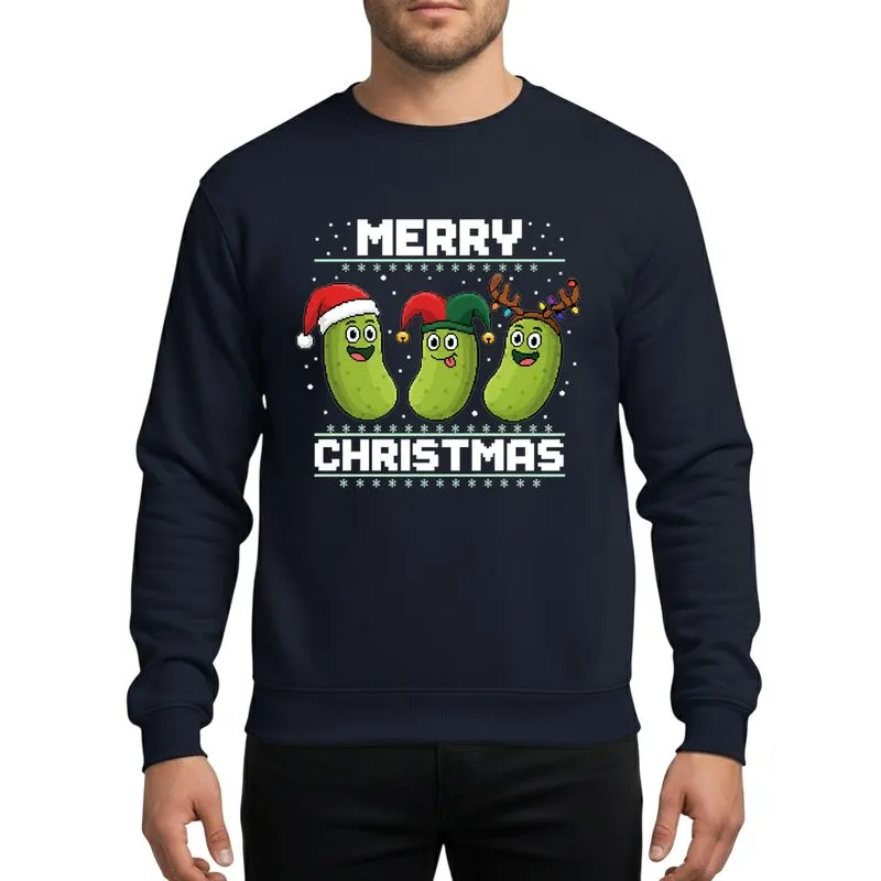 Pickle Lovers' Whimsical Christmas Pickles: Santa, Jester, Reindeer with Rainbow Lights & Pixelated 'MERRY CHRISTMAS' Sweatshirt - 1
