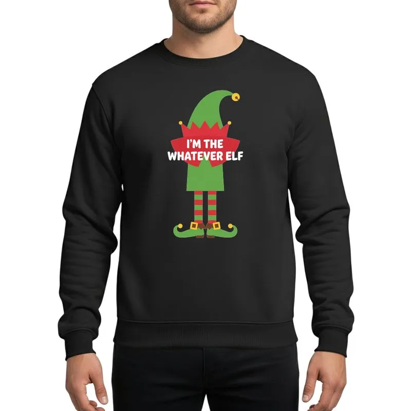 Holiday Family Fun Whimsical Green Elf Character Red Collar Striped Legs 'I'M THE WHATEVER ELF' Text Sweatshirt - 1