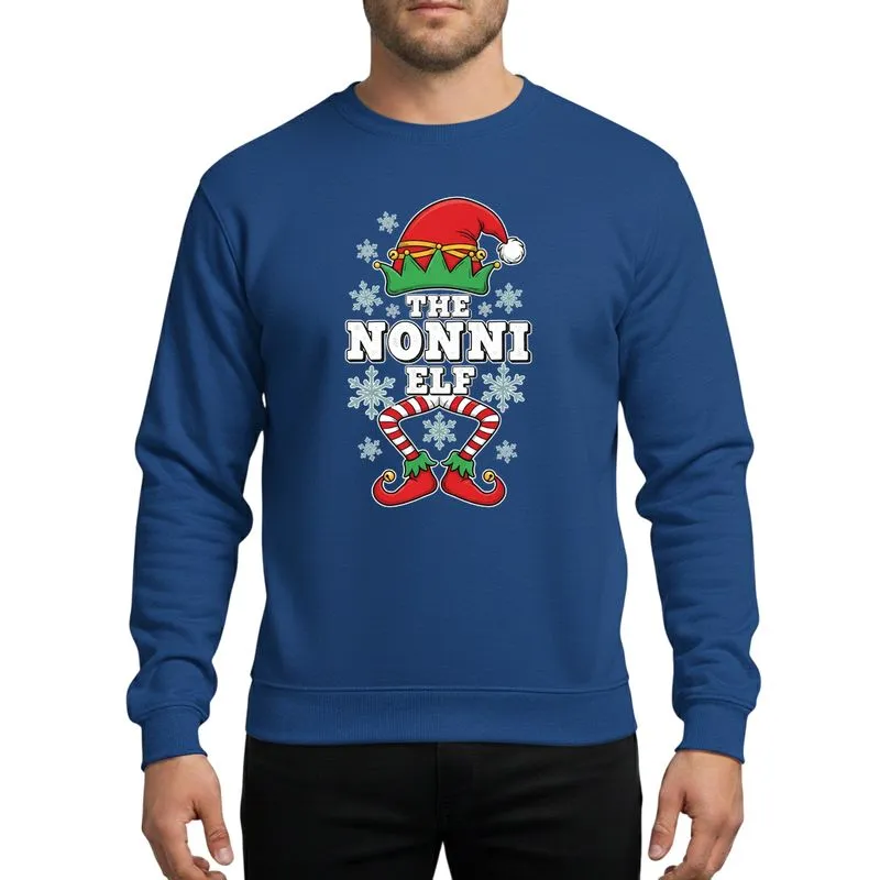 Christmas Grandmas Whimsical Hand-Drawn Red Elf Hat Green Shoes Striped Legs 'NONNI ELF' Snowflakes Sweatshirt - 1