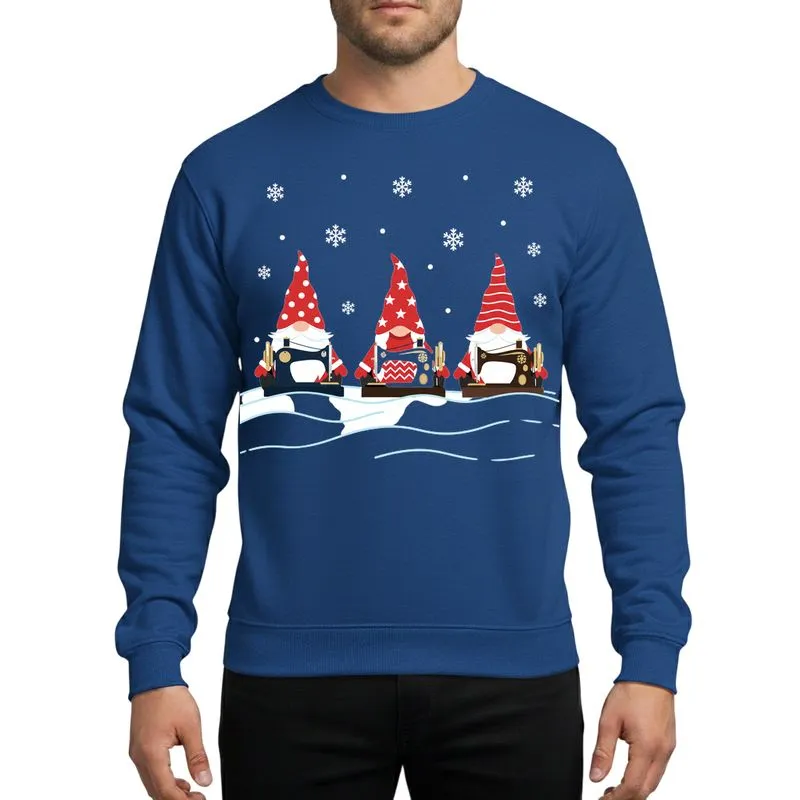 Crafters' Whimsical Red Gnomes Sewing & Quilting on Snowy Black Christmas Background Sweatshirt - 1