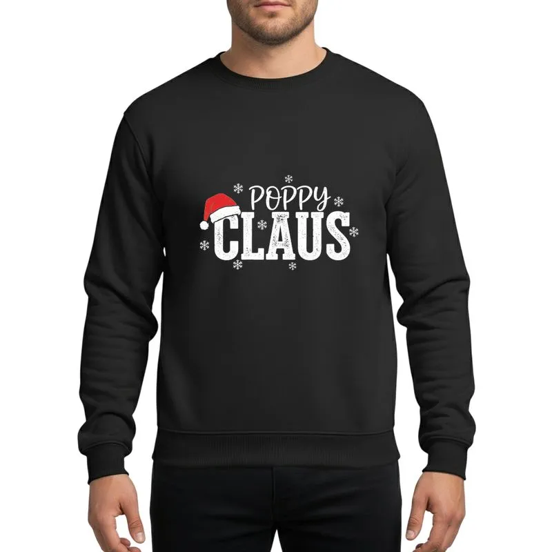 Family Christmas Celebrators' Rustic White Poppy Claus Whimsical Script Bold Distressed Font Red Santa Hat Snowflakes Sweatshirt - 1