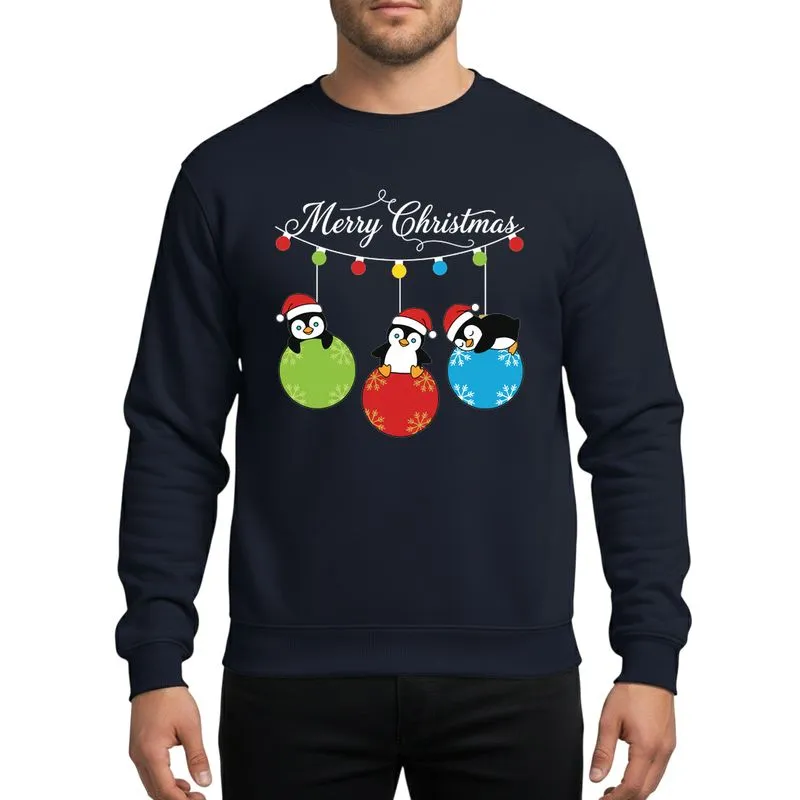 Festive Holiday Fans Cute Cartoon Penguins Red Green Blue Snowflake Christmas Ornaments Sweatshirt - 1