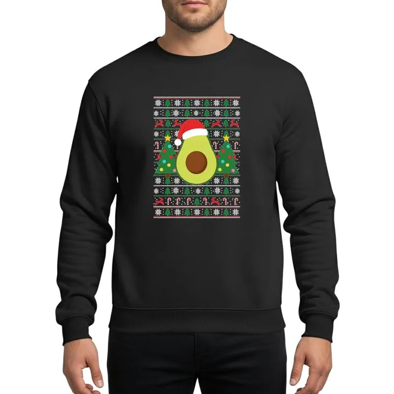 Christmas Enthusiasts' Cheerful Santa Hat Avocado, Green Christmas Trees, Multi-color Ornaments, Red White Black Pixelated Fair Isle Ugly Sweater Pattern Sweatshirt - 1