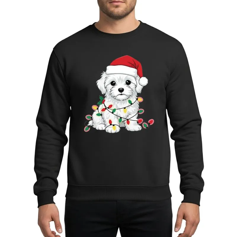 Christmas Dog Lovers' Detailed Fluffy White Maltese Puppy Red Santa Hat Colorful Christmas Lights Holly Berries Sweatshirt - 1