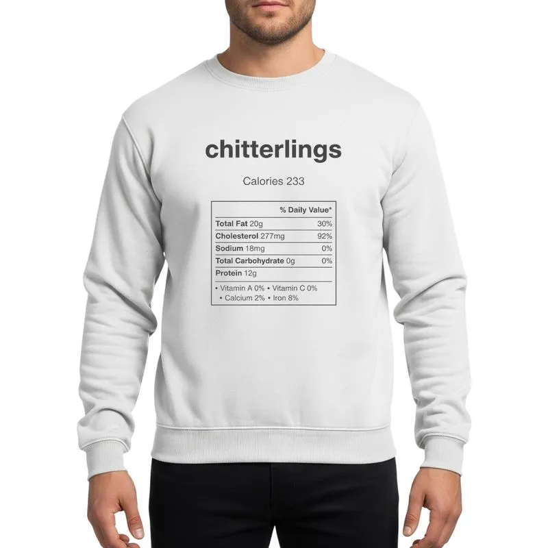 Holiday Humor Lovers' Minimalist Typographic Chitterlings Nutrition Label Parody with Charcoal & Light Grey Text Sweatshirt - 1