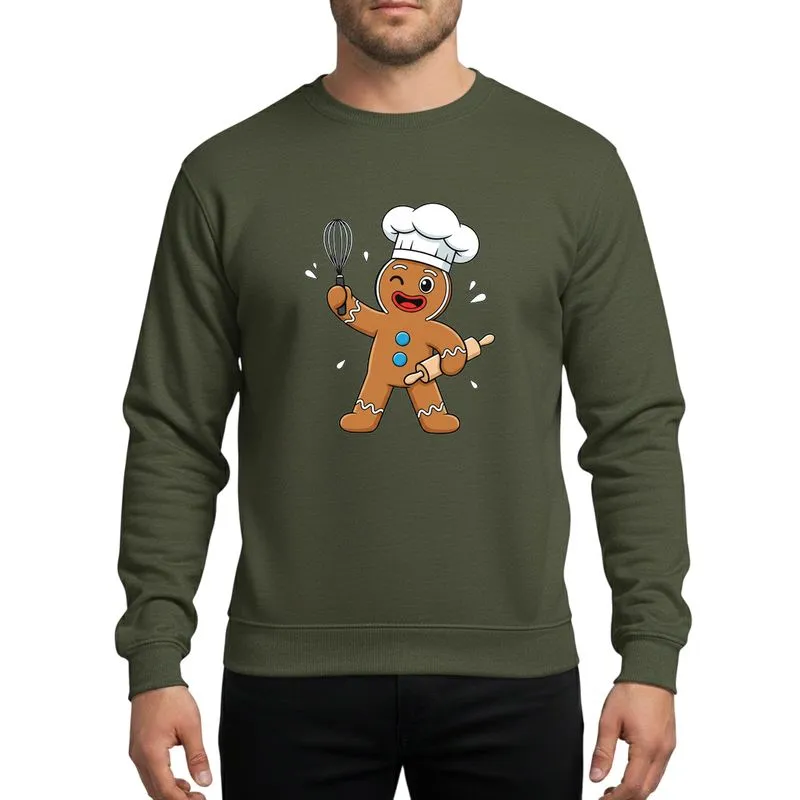 Holiday Home Bakers' Winking Gingerbread Chef Whisk Rolling Pin Red Icing Smile Cartoon Sweatshirt - 1