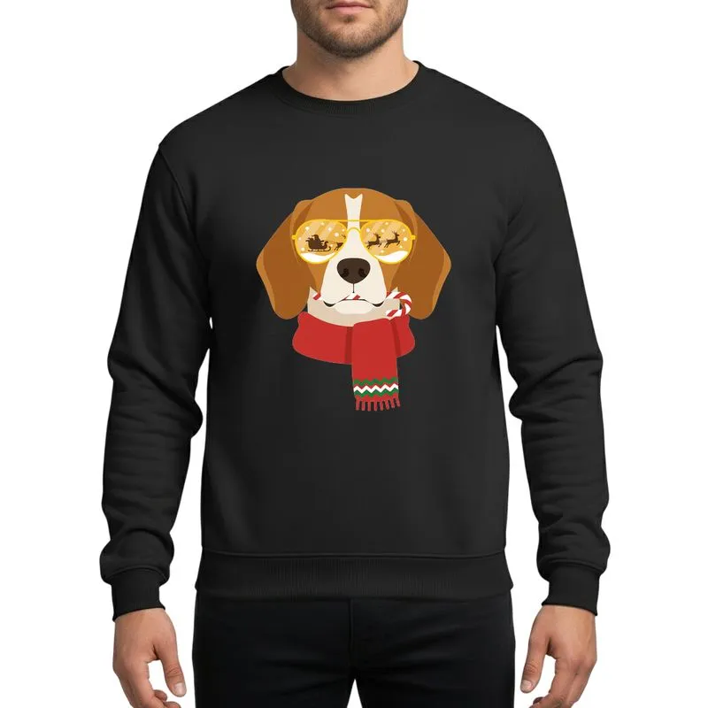 Beagle Lovers' Playful Caramel Beagle, Gold Aviator Sunglasses with Santa Sleigh Reflection, Candy Cane, Red Zigzag Scarf Sweatshirt - 1