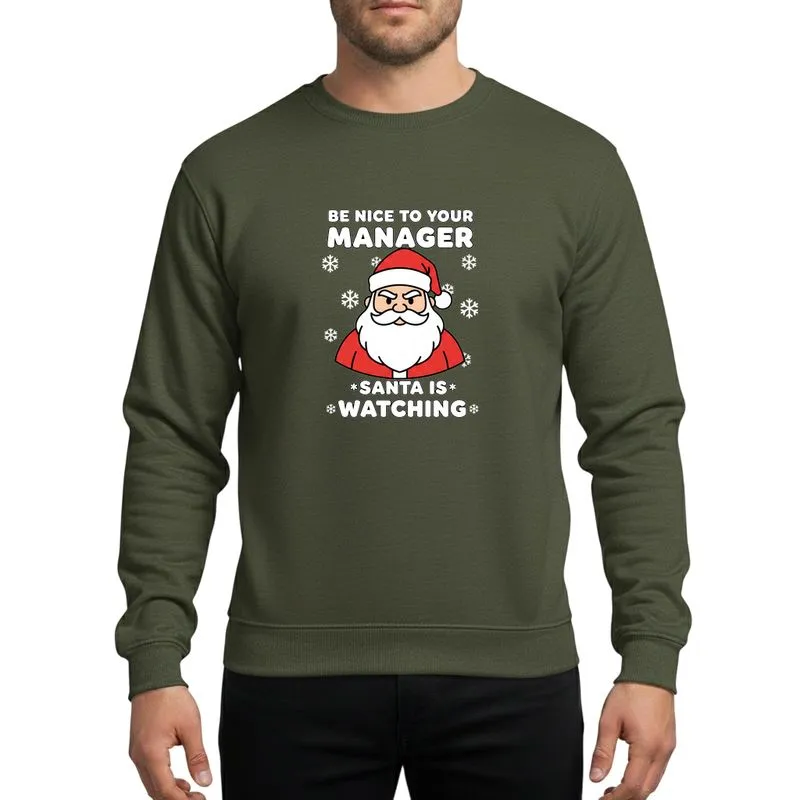 Workplace Holiday Celebrators' Bold Cartoon Red Santa with White Beard, Playful Bubble Text 'MANAGER', White Snowflakes, Chroma Green Sweatshirt - 1